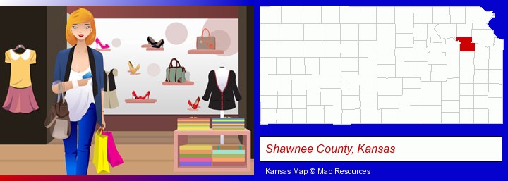 a woman shopping in a clothing store; Shawnee County, Kansas highlighted in red on a map
