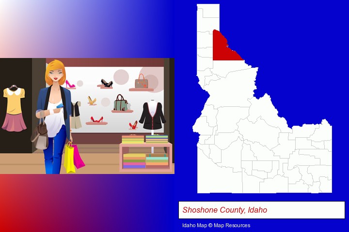 a woman shopping in a clothing store; Shoshone County, Idaho highlighted in red on a map