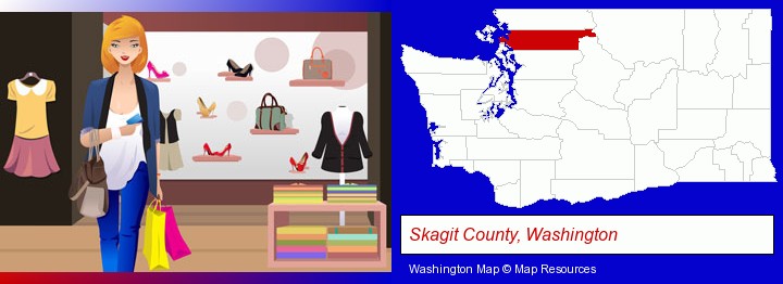 a woman shopping in a clothing store; Skagit County, Washington highlighted in red on a map