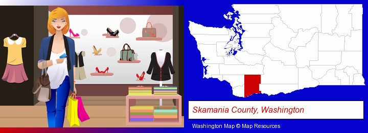 a woman shopping in a clothing store; Skamania County, Washington highlighted in red on a map