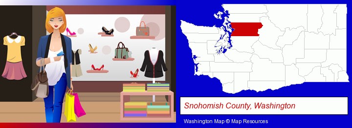 a woman shopping in a clothing store; Snohomish County, Washington highlighted in red on a map