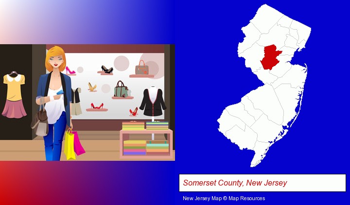 a woman shopping in a clothing store; Somerset County, New Jersey highlighted in red on a map