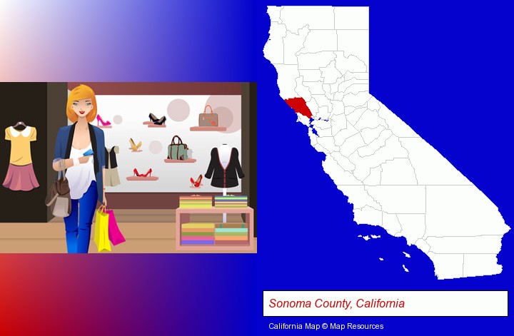 a woman shopping in a clothing store; Sonoma County, California highlighted in red on a map