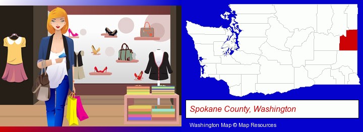 a woman shopping in a clothing store; Spokane County, Washington highlighted in red on a map