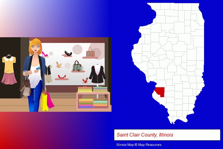 a woman shopping in a clothing store; Saint Clair County, Illinois highlighted in red on a map