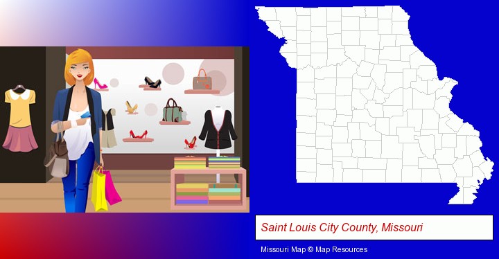 a woman shopping in a clothing store; Saint Louis City County, Missouri highlighted in red on a map
