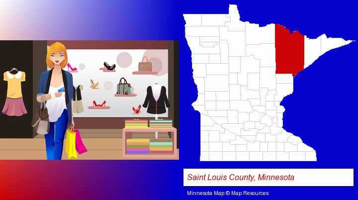 a woman shopping in a clothing store; Saint Louis County, Minnesota highlighted in red on a map