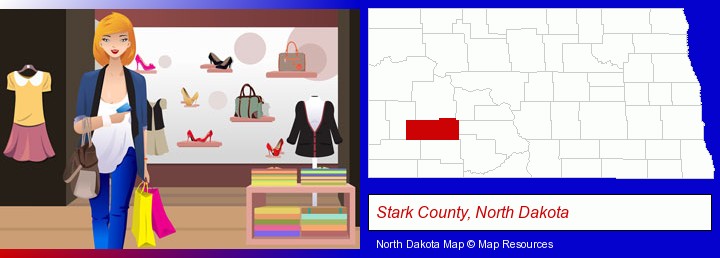 a woman shopping in a clothing store; Stark County, North Dakota highlighted in red on a map