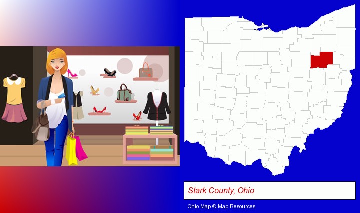 a woman shopping in a clothing store; Stark County, Ohio highlighted in red on a map