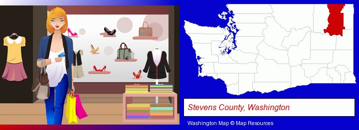 a woman shopping in a clothing store; Stevens County, Washington highlighted in red on a map