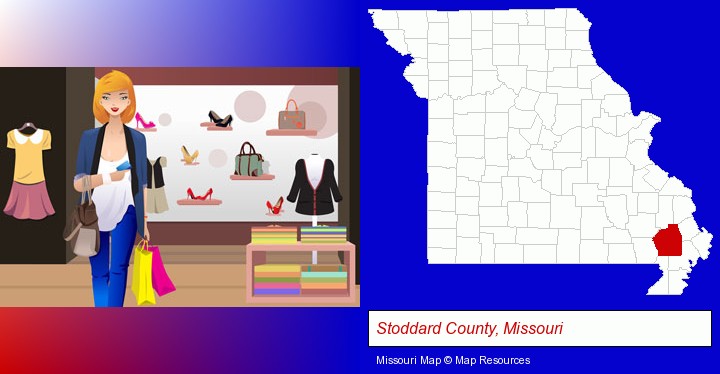 a woman shopping in a clothing store; Stoddard County, Missouri highlighted in red on a map