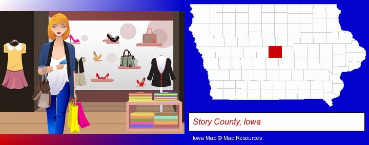 a woman shopping in a clothing store; Story County, Iowa highlighted in red on a map