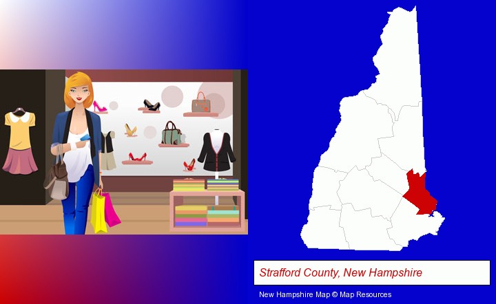 a woman shopping in a clothing store; Strafford County, New Hampshire highlighted in red on a map