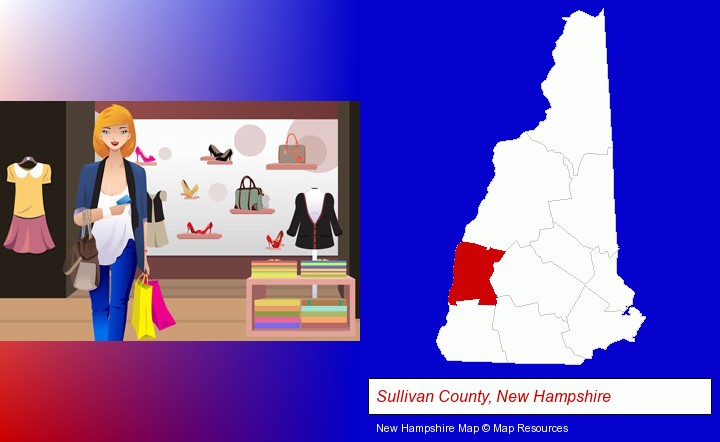 a woman shopping in a clothing store; Sullivan County, New Hampshire highlighted in red on a map