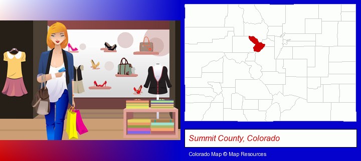 a woman shopping in a clothing store; Summit County, Colorado highlighted in red on a map