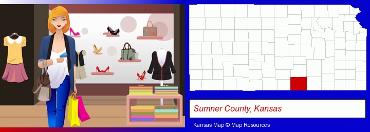 a woman shopping in a clothing store; Sumner County, Kansas highlighted in red on a map