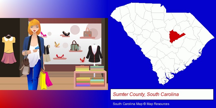 a woman shopping in a clothing store; Sumter County, South Carolina highlighted in red on a map