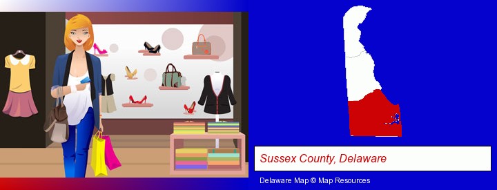 a woman shopping in a clothing store; Sussex County, Delaware highlighted in red on a map