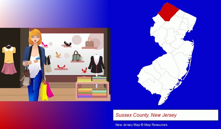 a woman shopping in a clothing store; Sussex County, New Jersey highlighted in red on a map