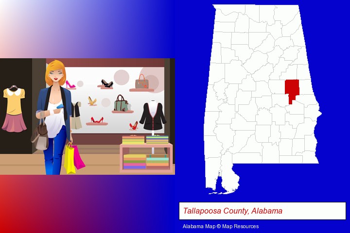 a woman shopping in a clothing store; Tallapoosa County, Alabama highlighted in red on a map