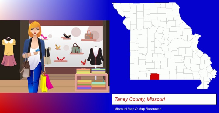a woman shopping in a clothing store; Taney County, Missouri highlighted in red on a map