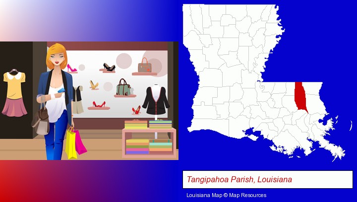 a woman shopping in a clothing store; Tangipahoa Parish, Louisiana highlighted in red on a map