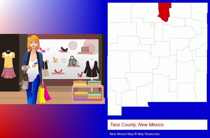 a woman shopping in a clothing store; Taos County, New Mexico highlighted in red on a map