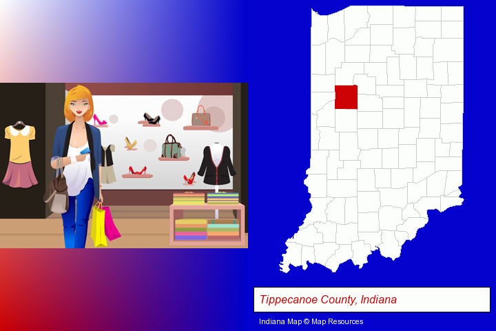 a woman shopping in a clothing store; Tippecanoe County, Indiana highlighted in red on a map