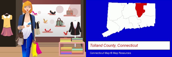 a woman shopping in a clothing store; Tolland County, Connecticut highlighted in red on a map