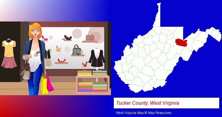 a woman shopping in a clothing store; Tucker County, West Virginia highlighted in red on a map