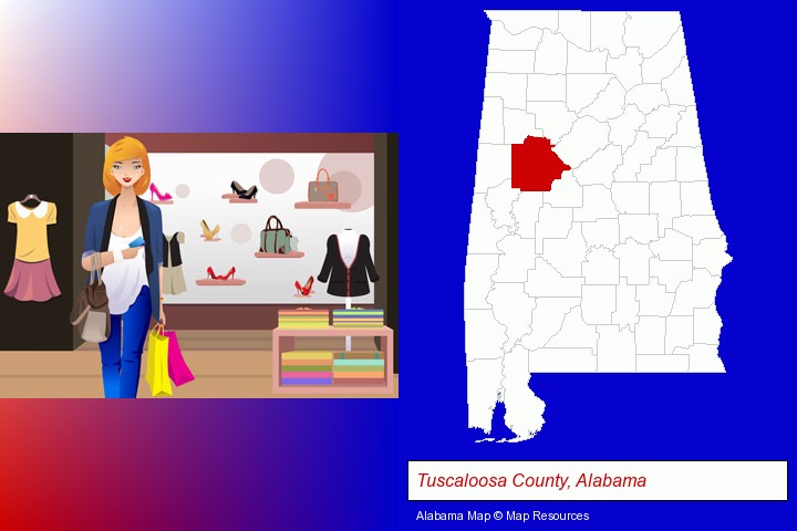 a woman shopping in a clothing store; Tuscaloosa County, Alabama highlighted in red on a map