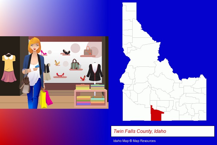 a woman shopping in a clothing store; Twin Falls County, Idaho highlighted in red on a map