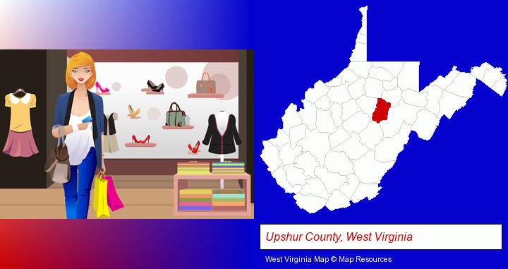 a woman shopping in a clothing store; Upshur County, West Virginia highlighted in red on a map