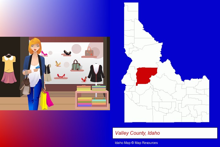a woman shopping in a clothing store; Valley County, Idaho highlighted in red on a map