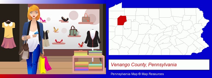 a woman shopping in a clothing store; Venango County, Pennsylvania highlighted in red on a map