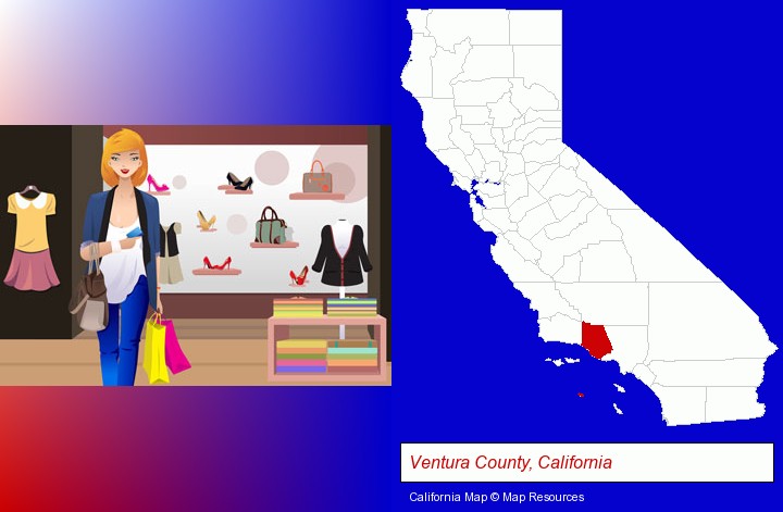 a woman shopping in a clothing store; Ventura County, California highlighted in red on a map