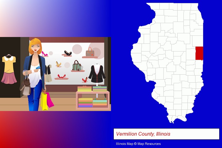 a woman shopping in a clothing store; Vermilion County, Illinois highlighted in red on a map