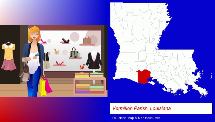 a woman shopping in a clothing store; Vermilion Parish, Louisiana highlighted in red on a map