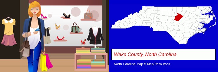 a woman shopping in a clothing store; Wake County, North Carolina highlighted in red on a map