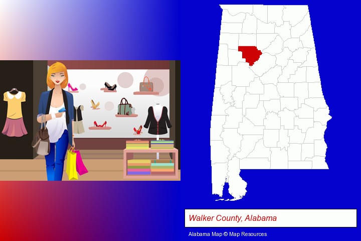 a woman shopping in a clothing store; Walker County, Alabama highlighted in red on a map