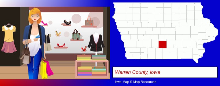 a woman shopping in a clothing store; Warren County, Iowa highlighted in red on a map