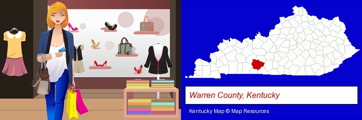 a woman shopping in a clothing store; Warren County, Kentucky highlighted in red on a map
