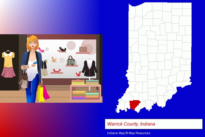 a woman shopping in a clothing store; Warrick County, Indiana highlighted in red on a map