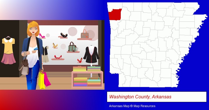 a woman shopping in a clothing store; Washington County, Arkansas highlighted in red on a map