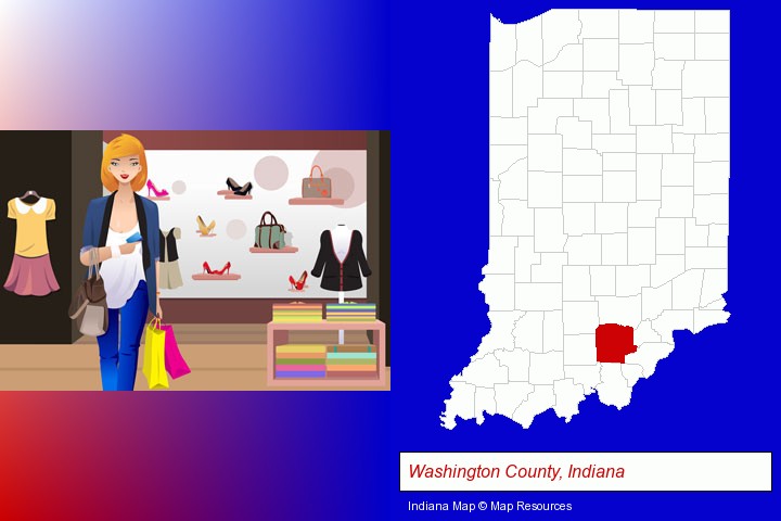 a woman shopping in a clothing store; Washington County, Indiana highlighted in red on a map