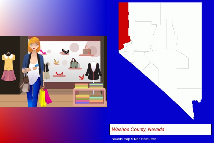 a woman shopping in a clothing store; Washoe County, Nevada highlighted in red on a map