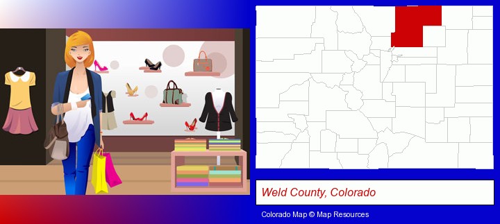 a woman shopping in a clothing store; Weld County, Colorado highlighted in red on a map