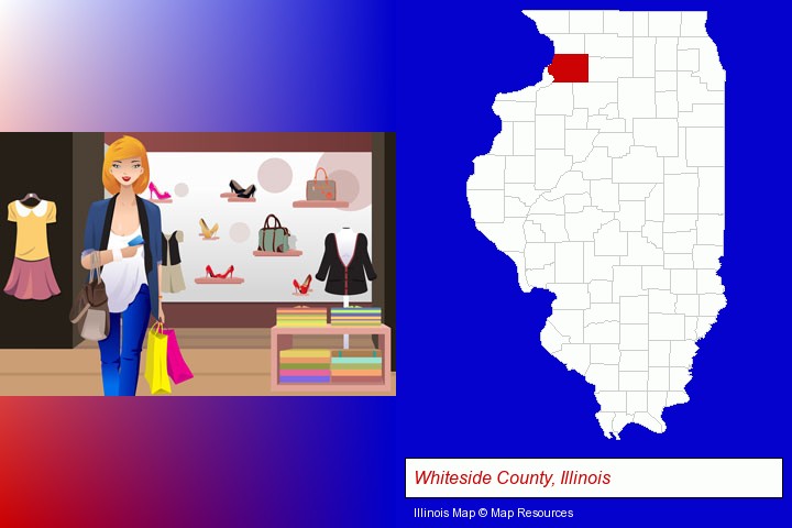 a woman shopping in a clothing store; Whiteside County, Illinois highlighted in red on a map