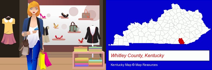 a woman shopping in a clothing store; Whitley County, Kentucky highlighted in red on a map