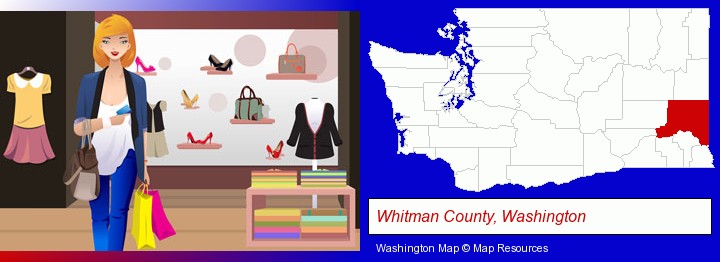 a woman shopping in a clothing store; Whitman County, Washington highlighted in red on a map